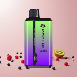 Hayati Pro Ultra 15000 Puffs Disposable Vape Kiwi Drue Hindbær Features: Pust: 15000+ Batteri: 850mAh E-Liquid Kapacitet: 2 12ml Nicotin Styrke: 2% Smagsvarianter: 49