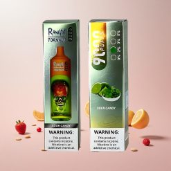 RandM Tornado 9000 Puffs Sur Slik Puffs: 9000 Puffs Batterikapacitet: 850 mAh Genopladelig E-liquid Kapacitet: 18 mL Coil Type: Mesh Coil Display Type: Sleek RGB Display Smagsvarianter: 54